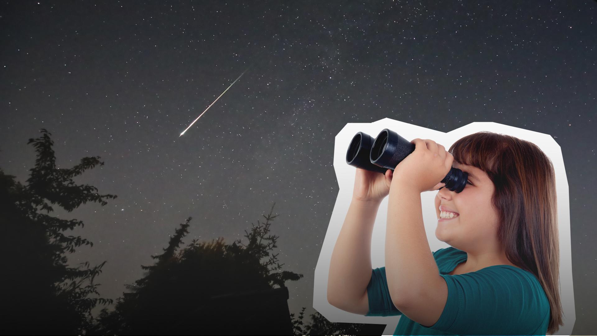 Montage: Mädchen beobachtet mit einem Fernglas eine Sternschnuppe am Nachthimmel