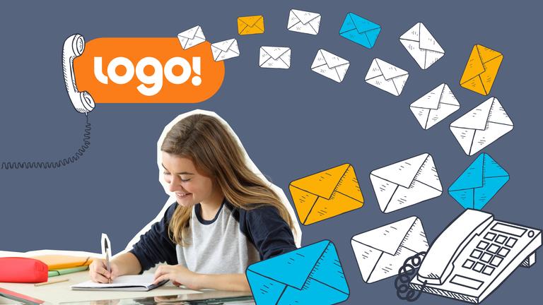 Ein Mädchen schreibt einen Brief, Telefon und viele Briege zu einem Logo!-Logo.