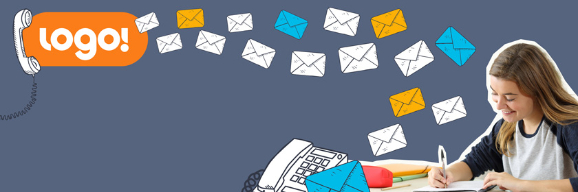 Ein Mädchen schreibt einen Brief, Telefon und viele Briege zu einem Logo!-Logo.