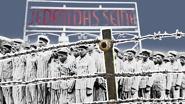 Tor mit Aufschrift "Jedem das Seine" im Hintergrund, KZ-Häftlinge und Stacheldraht.