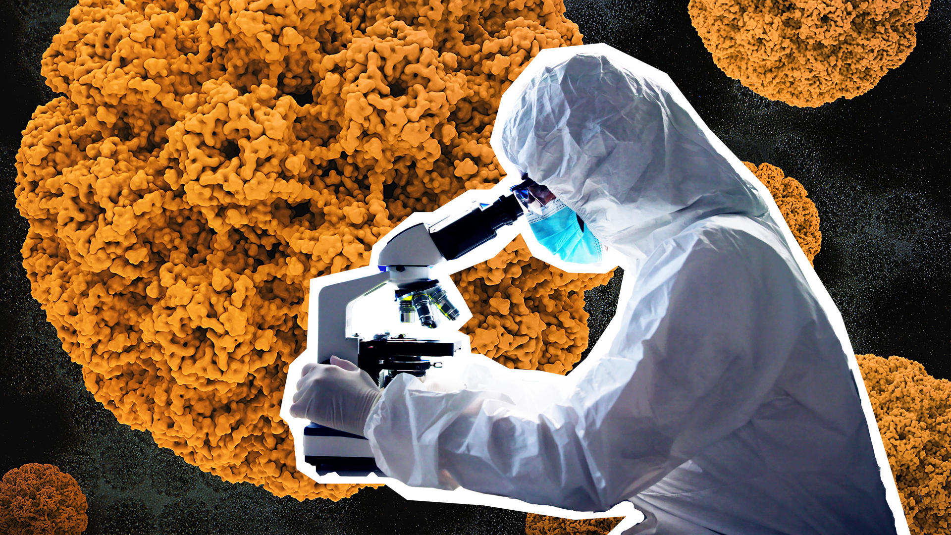 Eine Wissenschaftlerin am Mikroskop, im Hintergrund eine Illustration von einem HPV-Virus.