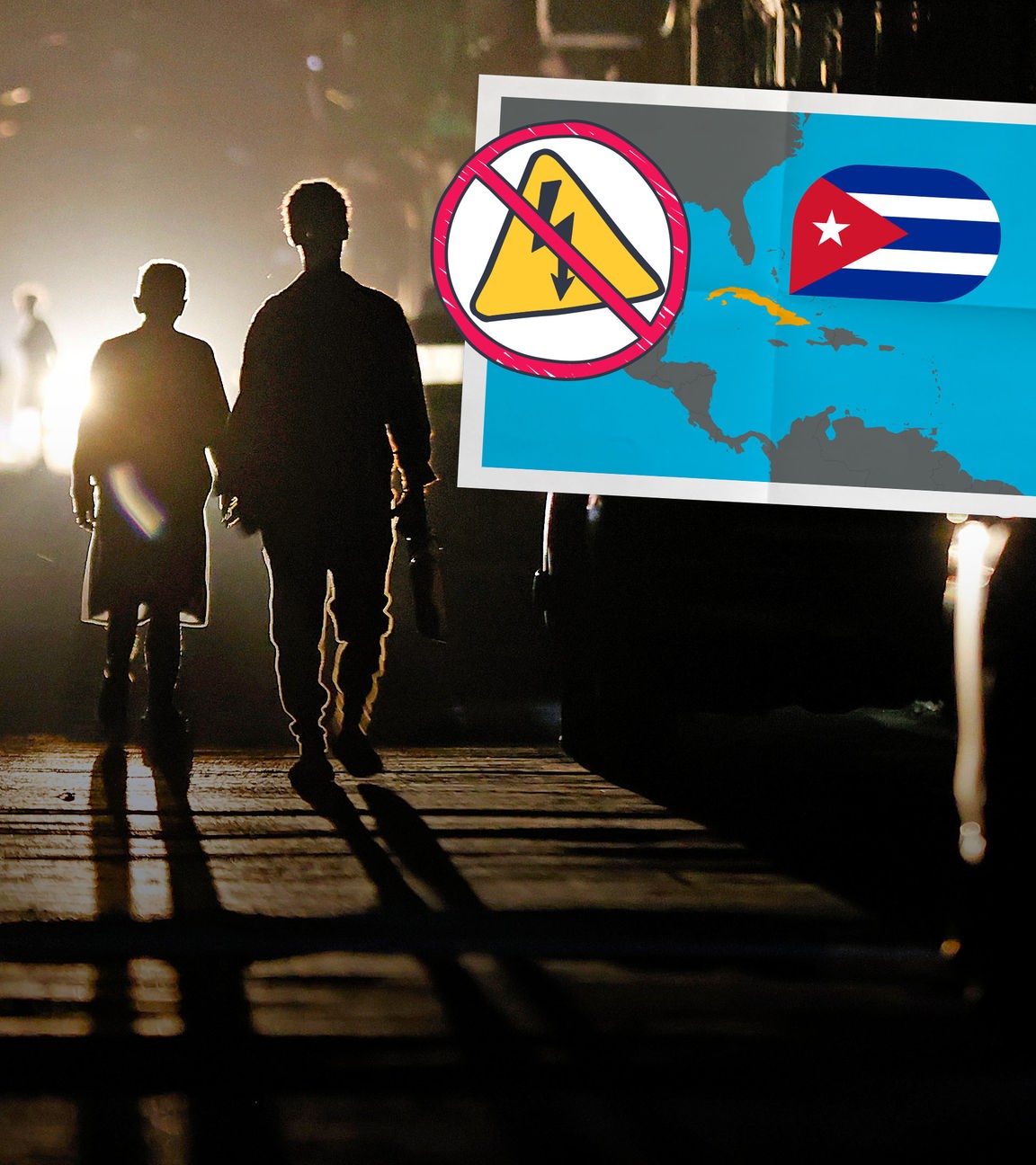 Eine Collage zeigt, wie wwei Menschen im Dunkeln im Scheinwerferlichts eines Autos laufen und daneben eine Landkarte, auf der Kuba eingezeichnet ist mit der Flagge des Landes und daneben ein durchgestrichenes Stromzeichen.