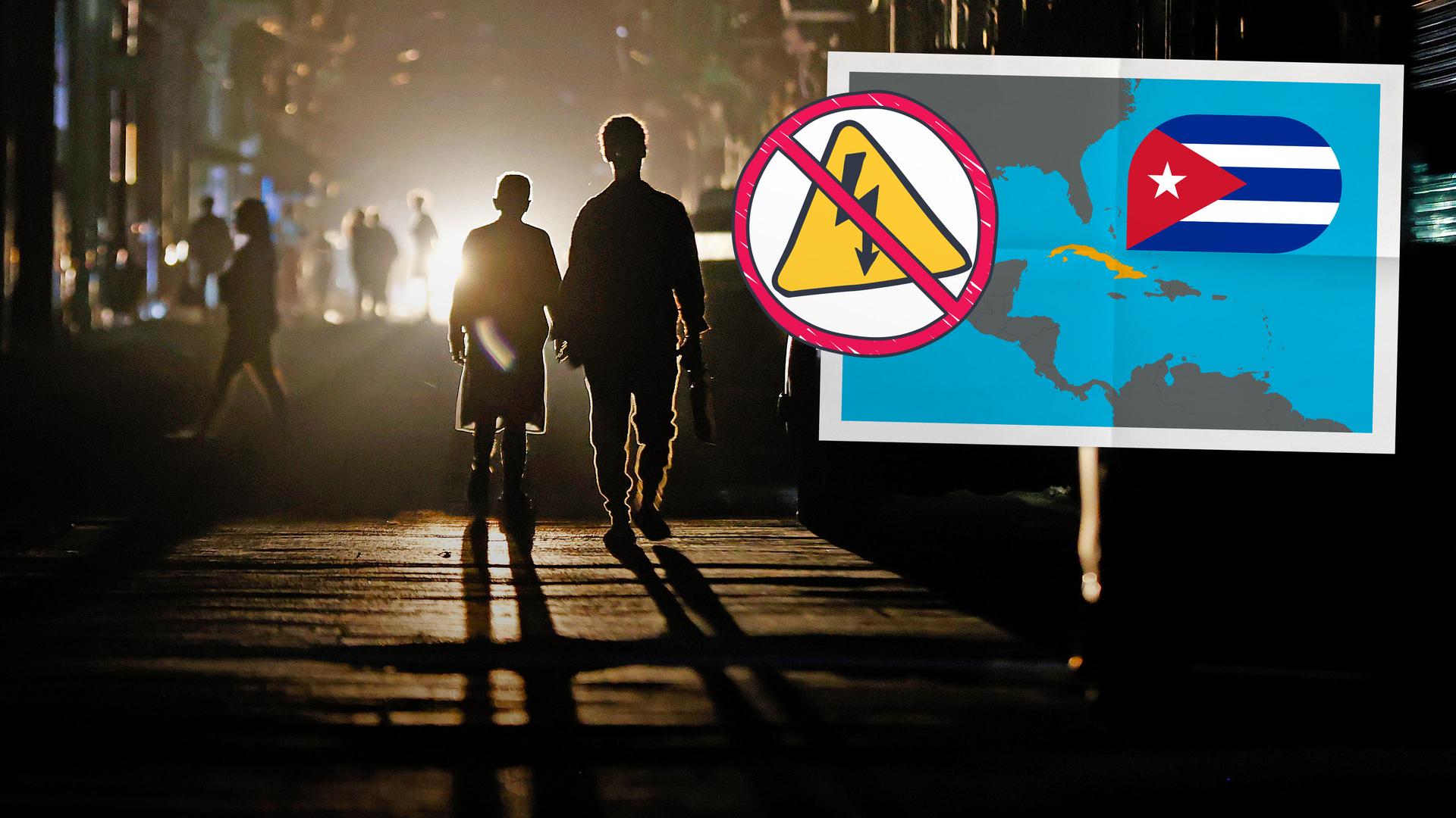 Eine Collage zeigt, wie wwei Menschen im Dunkeln im Scheinwerferlichts eines Autos laufen und daneben eine Landkarte, auf der Kuba eingezeichnet ist mit der Flagge des Landes und daneben ein durchgestrichenes Stromzeichen.