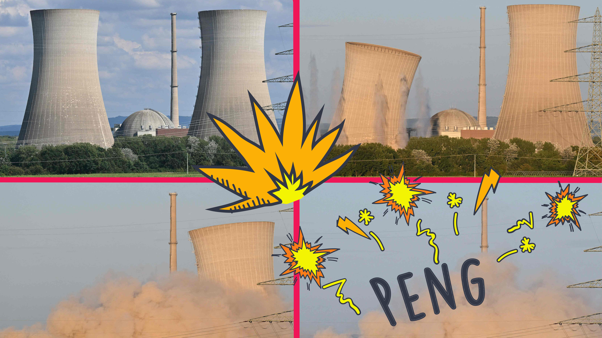 Vier Bilder von der Sprengung der Kühltürme