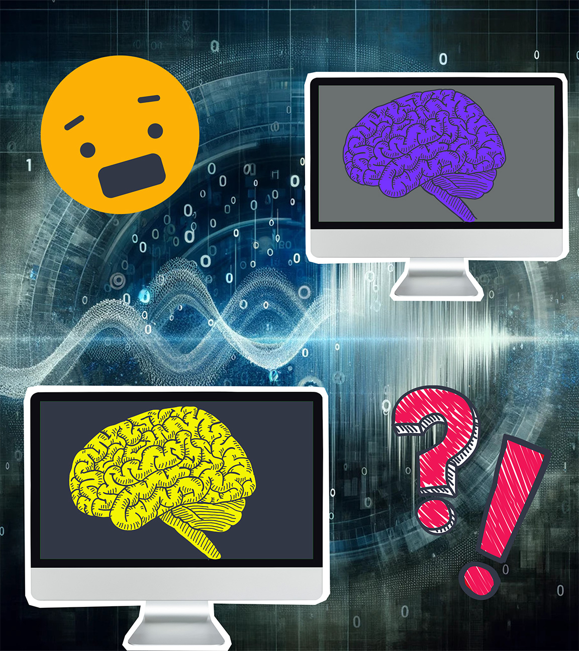 Zwei Computer vor einer Datengrafik mit bunten Gehirnen, einem ängstlichen Smilie und einem Ausrufe- und einem Fragezeichen