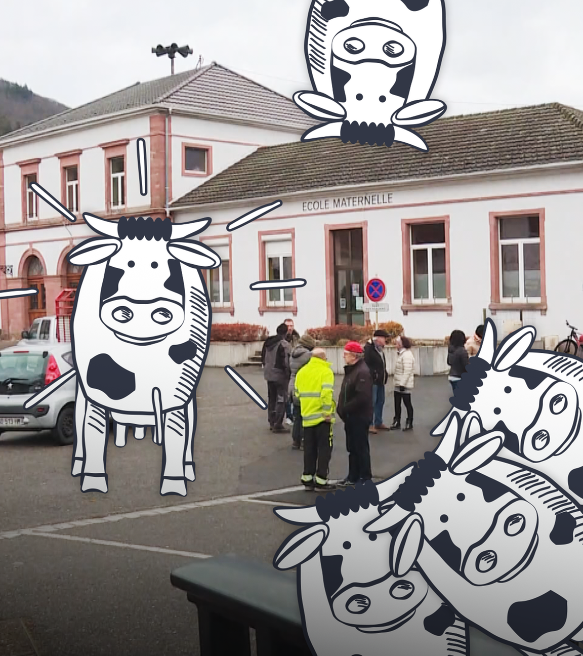 Montage: Ein kleines Schulgebäude, davor fünf gezeichnete Kühe