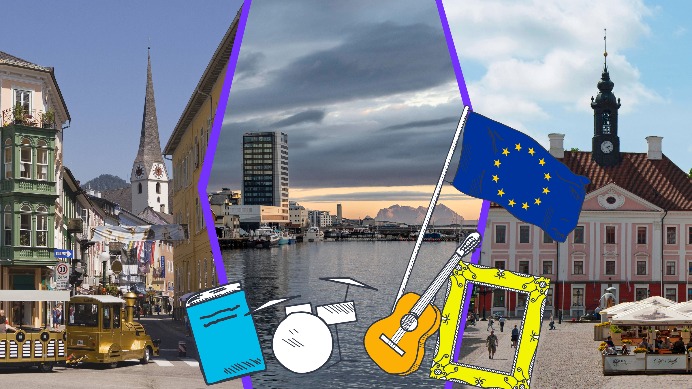 Stadtansichten von Bad Ischl, Tartu und Bodø mit europäische Flagge und Grafiken von Musikinstrumenten, Kunst und einem Buch