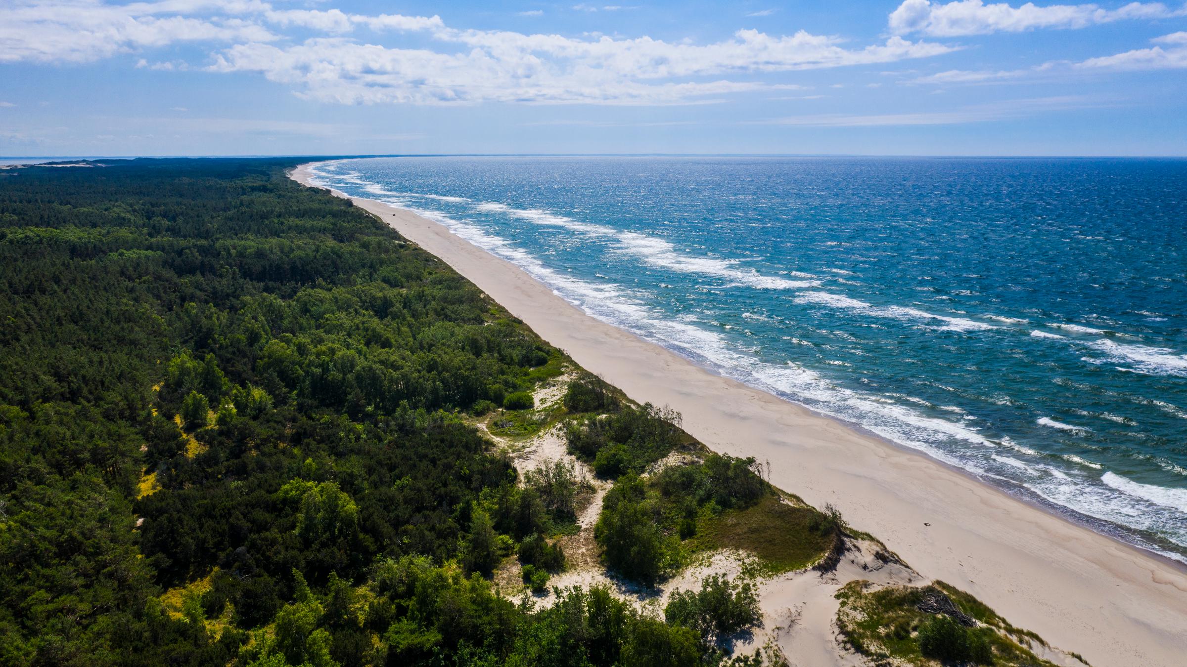 Man sieht einen Teil der Kurischen Nehrung von oben. Links im Bild ist Wald zu sehen, der von dem Strand in der Mitte vom Meer rechts getrennt ist.