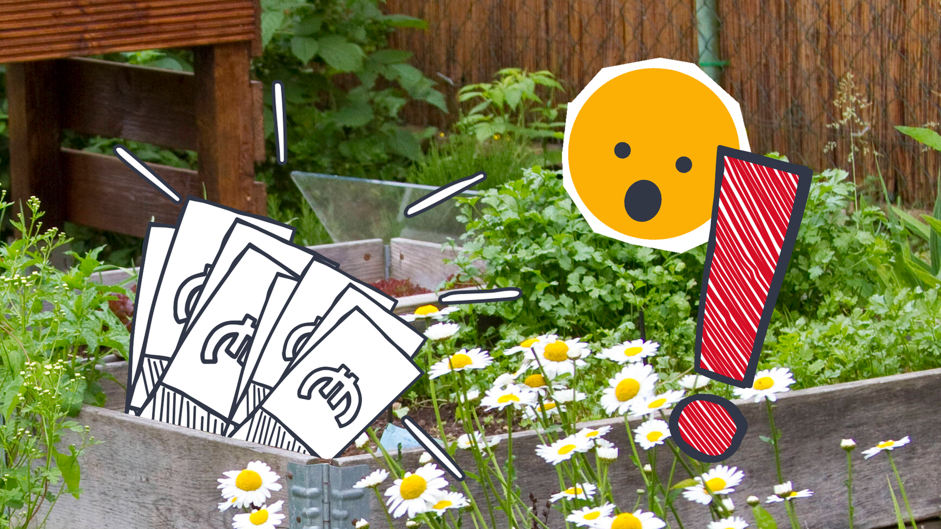 Ein Schulgarten mit Grafiken von Geldscheinen, einem geschockten Emoji und einem Ausrufezeichen 