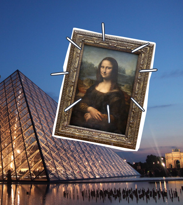 Das Louvre von außen, dazu die Mona-Lisa ausgeschnitten draufgebaut 