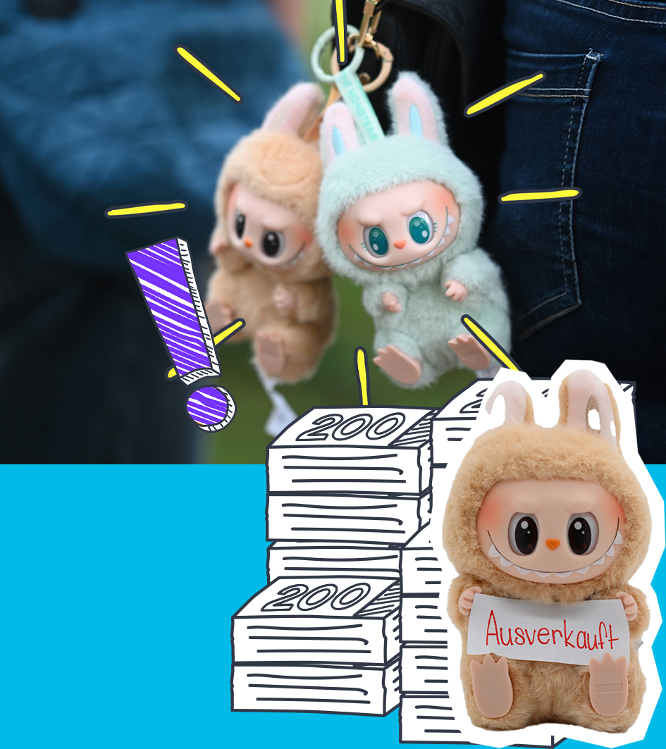 Labubus als Taschenanhänger, daneben Grafik von Geld und Labubu mit "Ausverkauft"