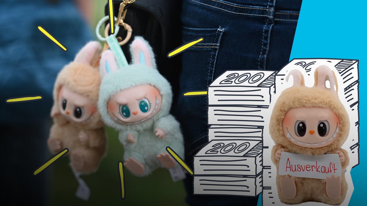 Labubus als Taschenanhänger, daneben Grafik von Geld und Labubu mit "Ausverkauft"