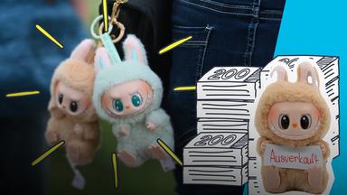 Labubus als Taschenanhänger, daneben Grafik von Geld und Labubu mit "Ausverkauft"