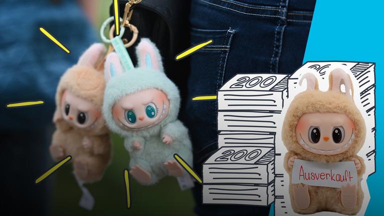 Labubus als Taschenanhänger, daneben Grafik von Geld und Labubu mit "Ausverkauft"