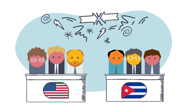 Eine Grafik zeigt Figuren, die an zwei Tischen sitzen, auf denen eine USA- und eine Kuba-Flagge zu sehen ist. Dahinter ist ein blau-weißer Hintergrund und darüber sieht man gekritzelte Zeichen, Pfeile und Blitze.