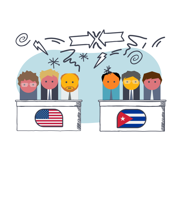 Eine Grafik zeigt Figuren, die an zwei Tischen sitzen, auf denen eine USA- und eine Kuba-Flagge zu sehen ist. Dahinter ist ein blau-weißer Hintergrund und darüber sieht man gekritzelte Zeichen, Pfeile und Blitze.