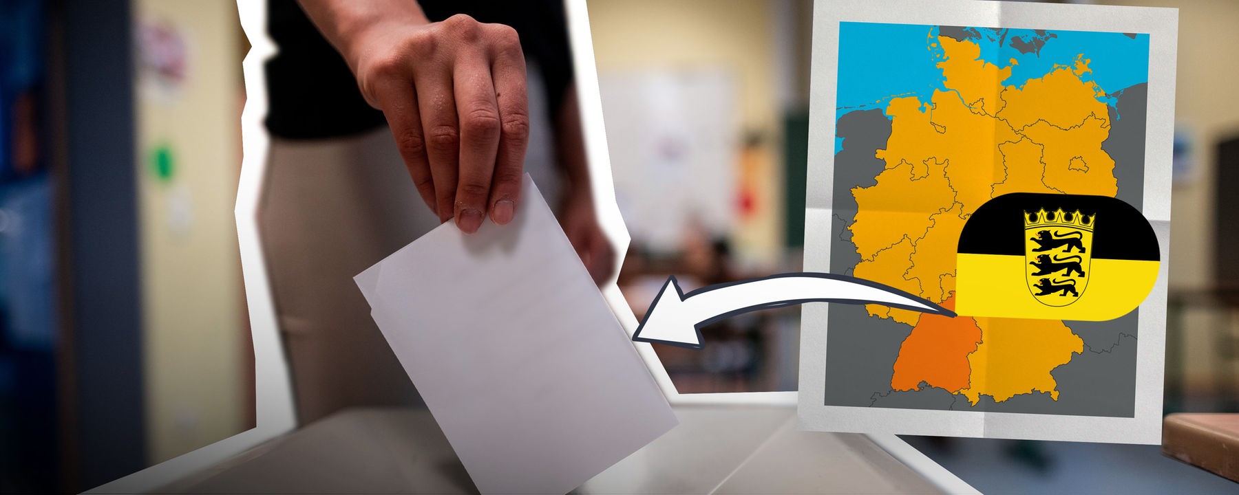 Eine Hand wirft einen Wahlzettel in eine Wahlurne. Rechts daneben ist ein Bild von einer Karte der Bundesrepublik, auf der Baden-Württemberg eingefärbt ist. Darüber die Flagge von Baden-Württemberg. Von dem Bild aus reicht ein Pfeil hinüber zur Wahlurne. 