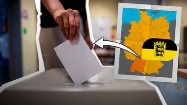 Eine Hand wirft einen Wahlzettel in eine Wahlurne. Rechts daneben ist ein Bild von einer Karte der Bundesrepublik, auf der Baden-Württemberg eingefärbt ist. Darüber die Flagge von Baden-Württemberg. Von dem Bild aus reicht ein Pfeil hinüber zur Wahlurne. 