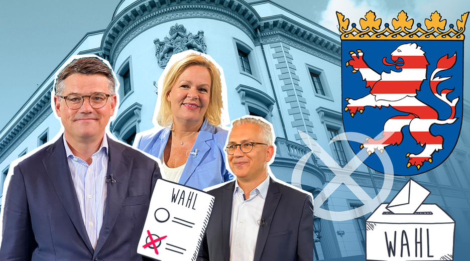 Der hessische Landtag mit Kandidaten und Wahlgrafiken