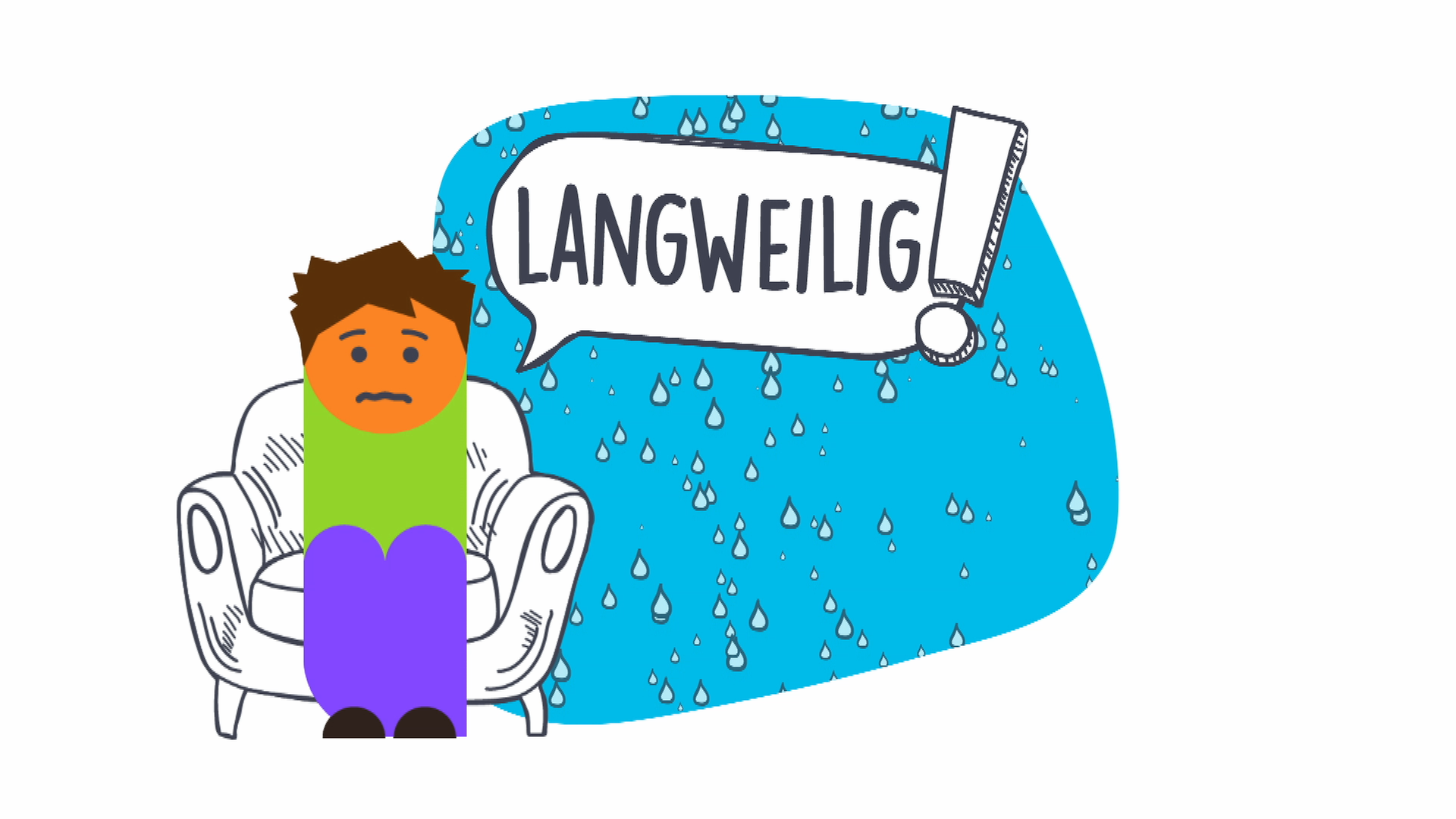 Eine Grafik zeigt einen Jungen, der auf einer Couch sitzt, über ihm eine Sprechblase, in der "Langeweile" steht.