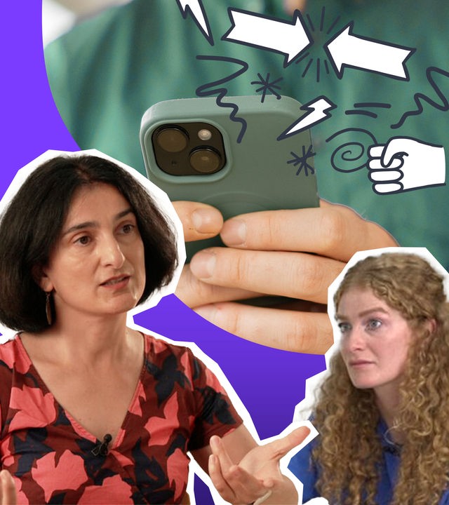 Eine Collage zeigt eine Expertin, Lara und im Hintergrund eine Hand am Handy, darüber verschiedene Doodles, der Hintergrund ist lila.