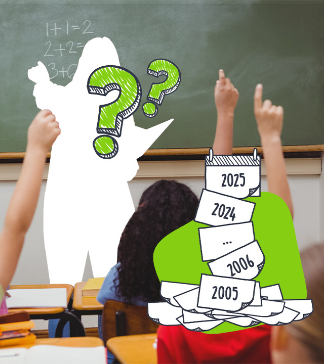 Eine Collage zeigt eine Lehrerin vor der Tafel, die auf ihre Klasse, die sich meldet, zeigt. Die Lehrerin ist nur als Umriss zu erkennen, auf ihr liegen zwei grüne Fragezeichen und daneben sind mehrere abgerissene Kalenderblätter zu sehen.