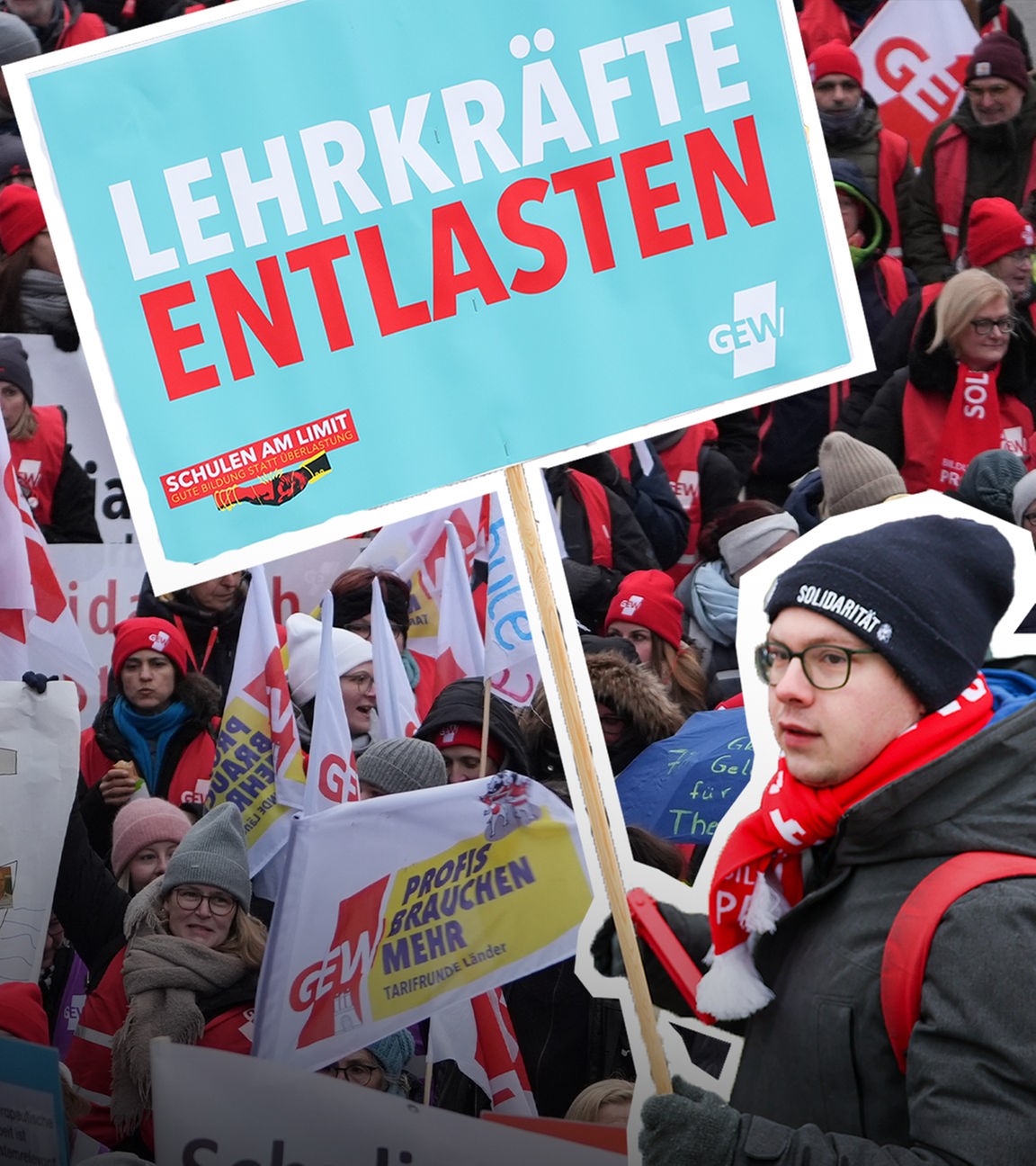 Demo im Hintergrund, davor ausgeschnitter Streikendr mit Schild "Lehrkräfte entlasten"