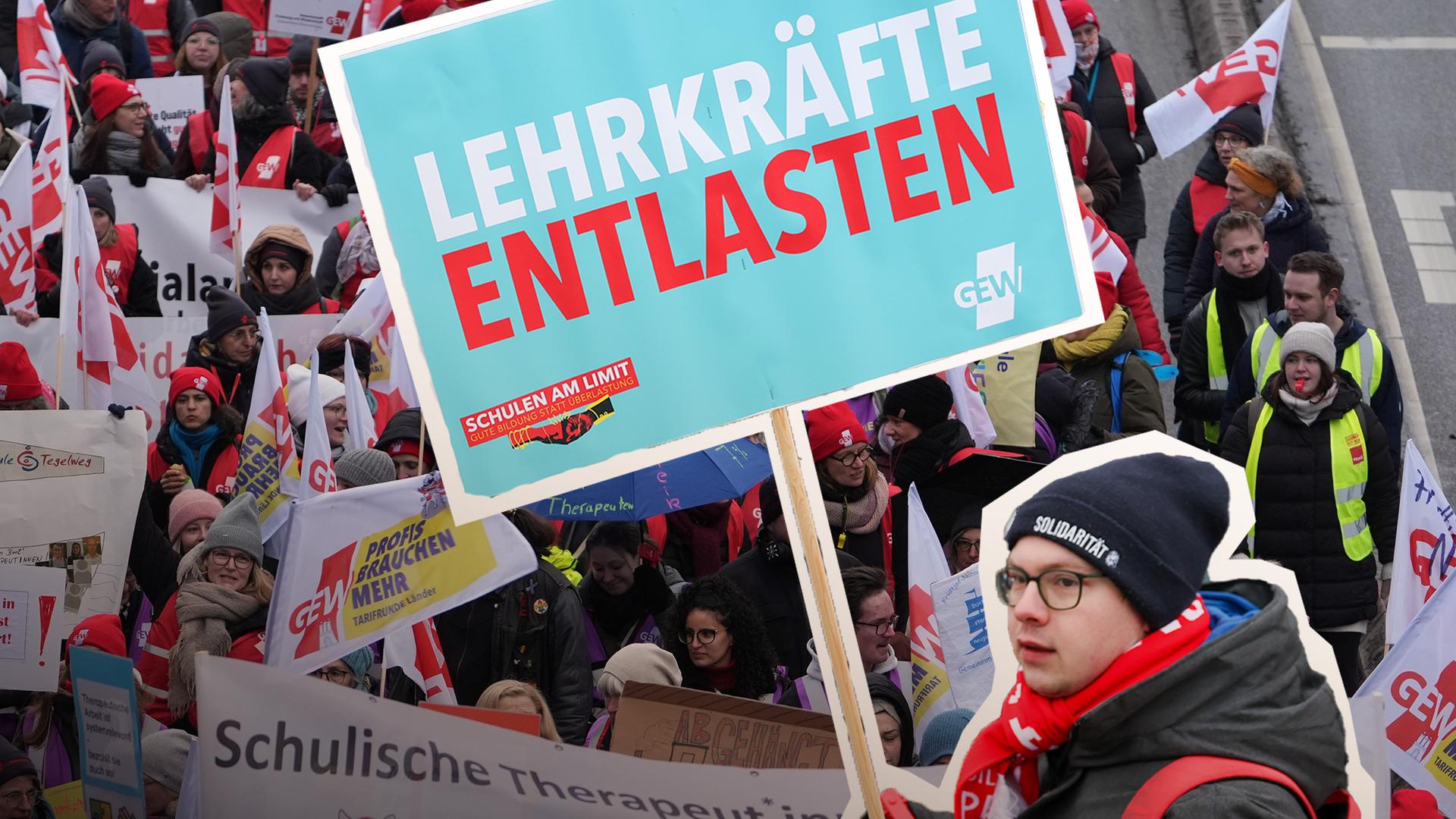 Demo im Hintergrund, davor ausgeschnitter Streikendr mit Schild "Lehrkräfte entlasten"