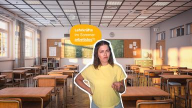 Host Carolin ausgeschnitten, steht in Klassenzimmer, darüber Schrift "Lehrkräfte im Sommer arbeitslos?"