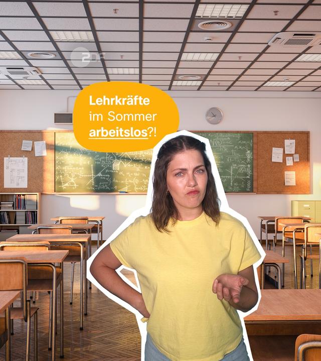 Host Carolin ausgeschnitten, steht in Klassenzimmer, darüber Schrift "Lehrkräfte im Sommer arbeitslos?"