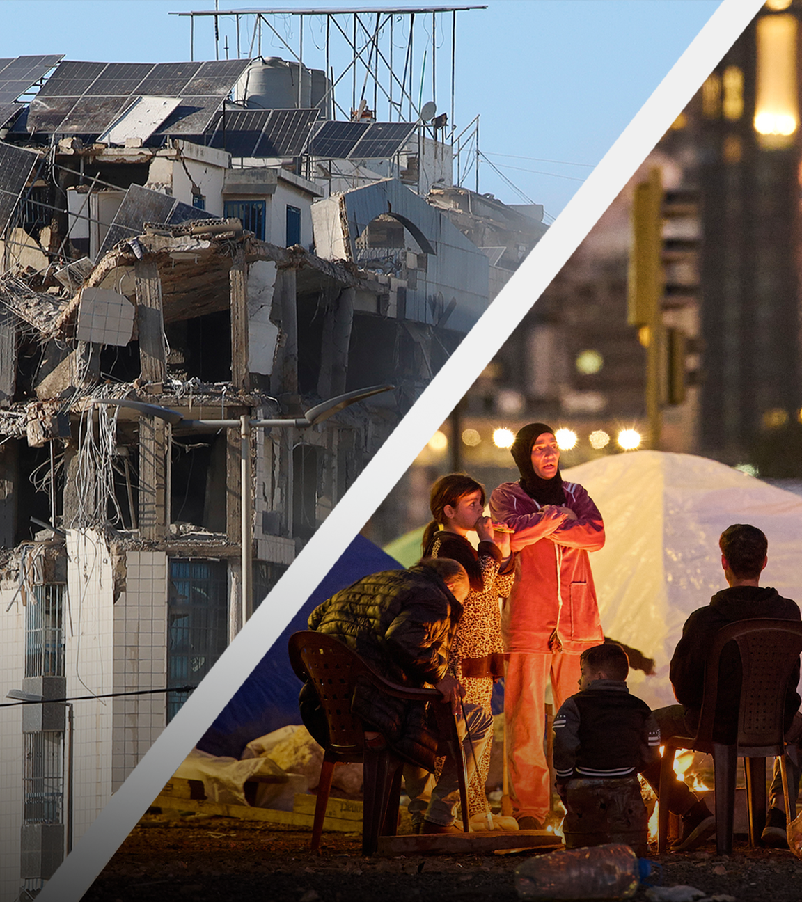 Splitscreen: Links ein beschädigtes Gebäude, rechts eine Familie vor einem Zelt am Lagerfeuer