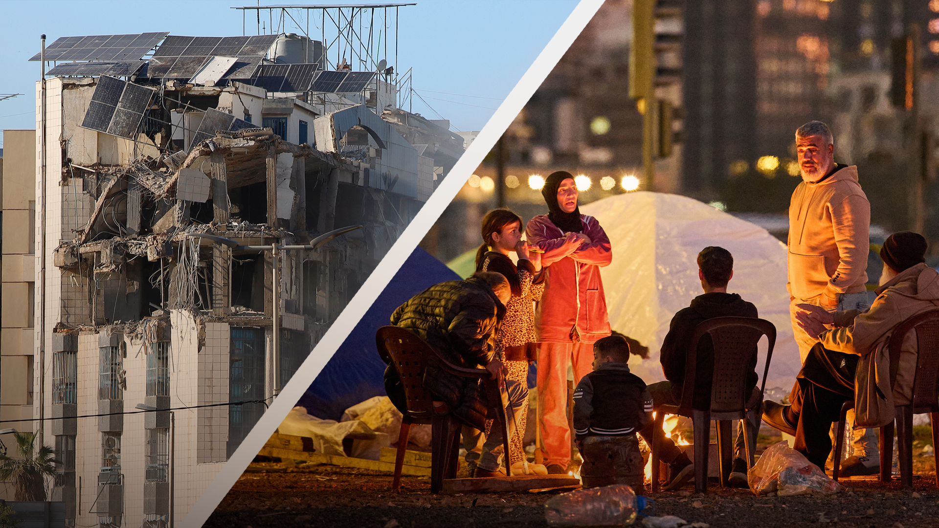 Splitscreen: Links ein beschädigtes Gebäude, rechts eine Familie vor einem Zelt am Lagerfeuer