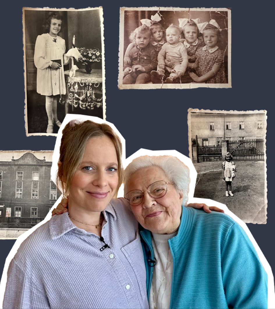 Lind aund Brigitte, im Hintergrund alte Fotos von Brigitte