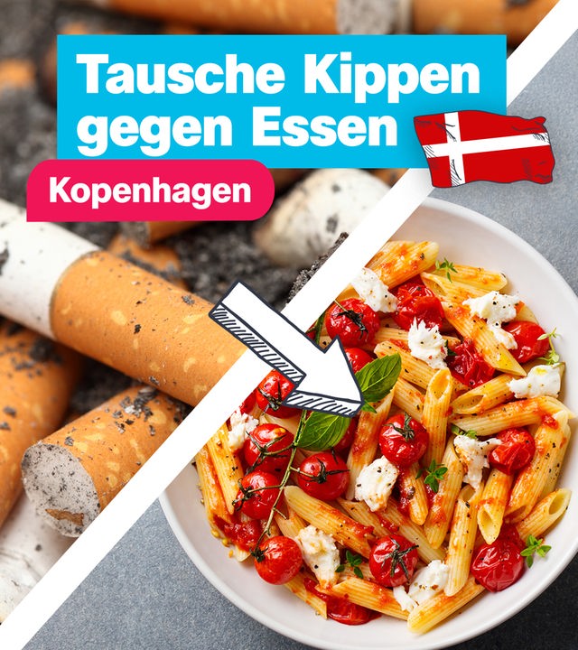 Links Zigaretten, rechts Essen - Pfeil zeigt von Zigaretten auf Essen, darüber steht "Tausche Kippen gegen Essen, Kopenhagen" mit dänischer Flagge