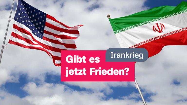 Flagge der USA neben iranischer Flagge, Schrift: "Gibt es jetzt Frieden?"