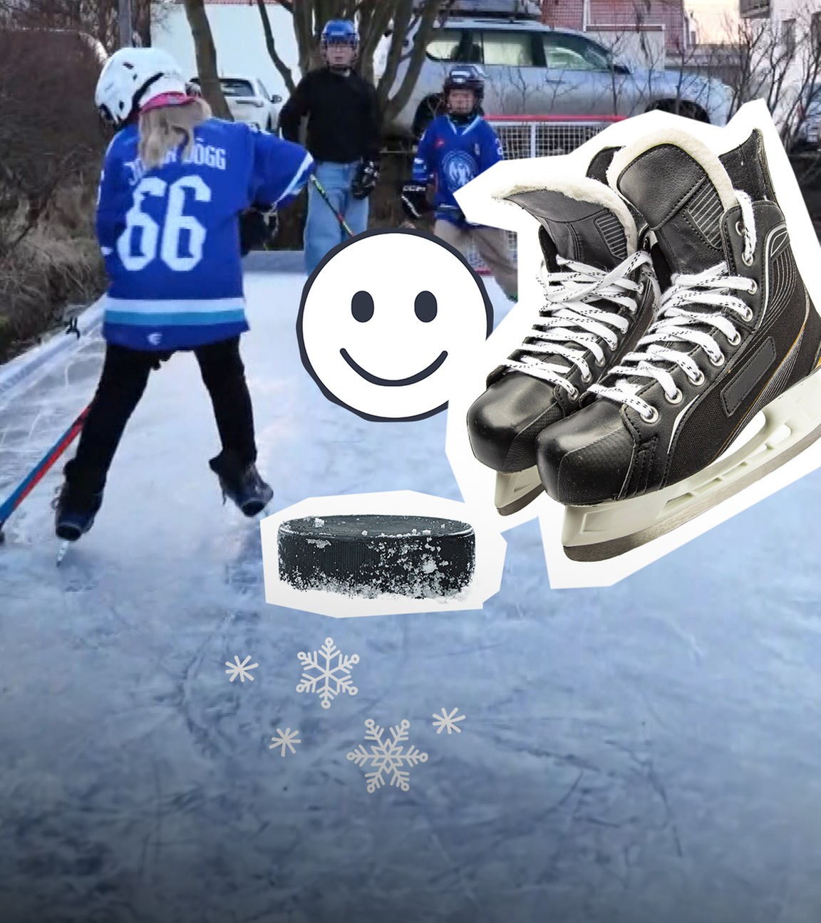  Kinder spielen auf einer Eisbahn im Garten Eishokey. Daneben sind Schlittschuhe und ein Puk zu sehen.