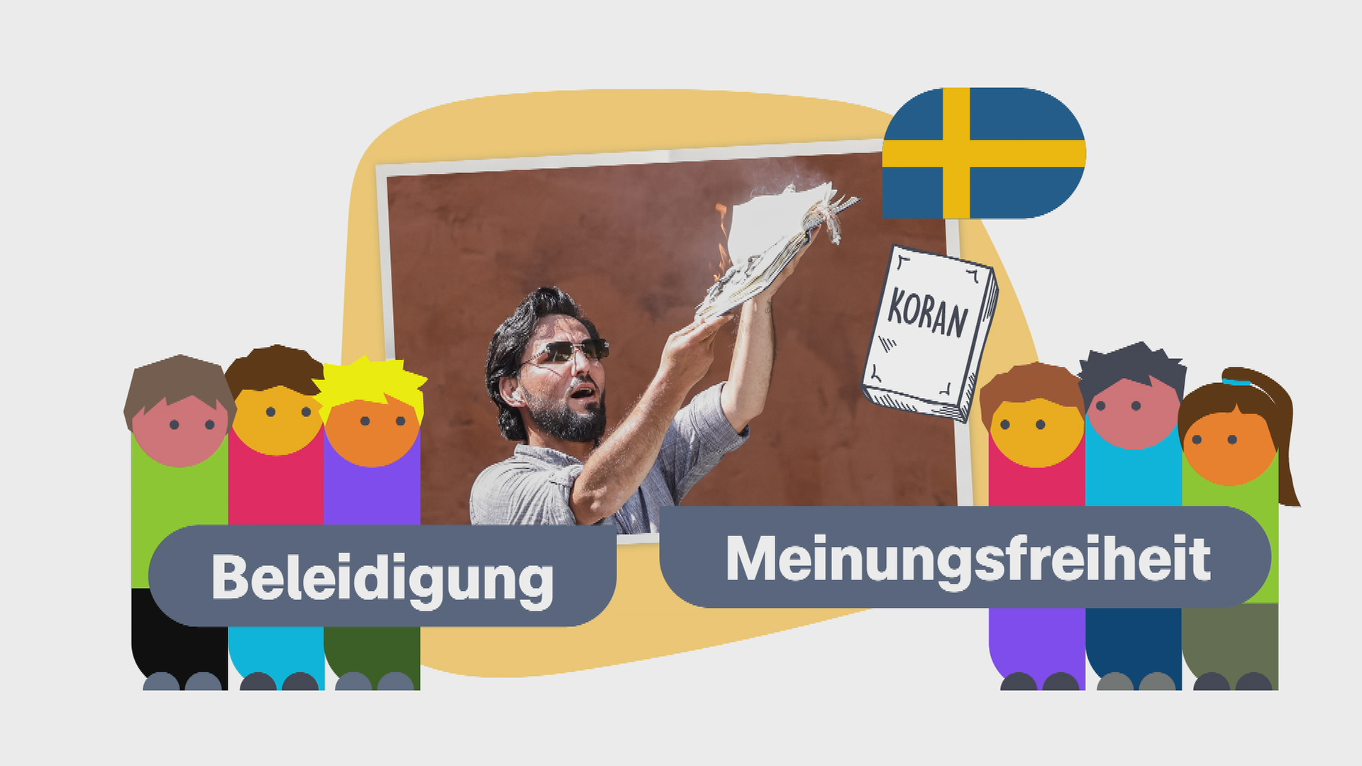 Logo-Erklärfiguren schauen auf ein Foto eines Mannes, der einen brennenden Koran in den Händen hält.