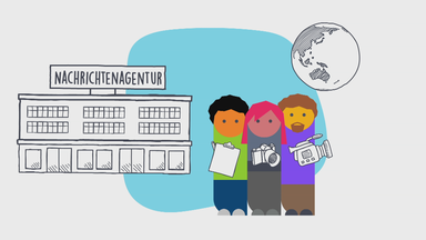 Neben einem Haus auf dem das Wort Nachrichtenagentur steht stehen drei gezeichnete Menschen die Kameras und einen Block in der Hand halten hinter ihnen ist eine Weltkugel