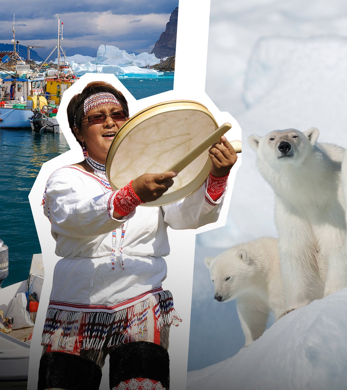 Grönländischer Hafen mit Booten auf der linken Seite, auf der rechten Seite Eisbären im Schnee, in der Mitte des Bildes eine Inuit in traditioneller Kleidung