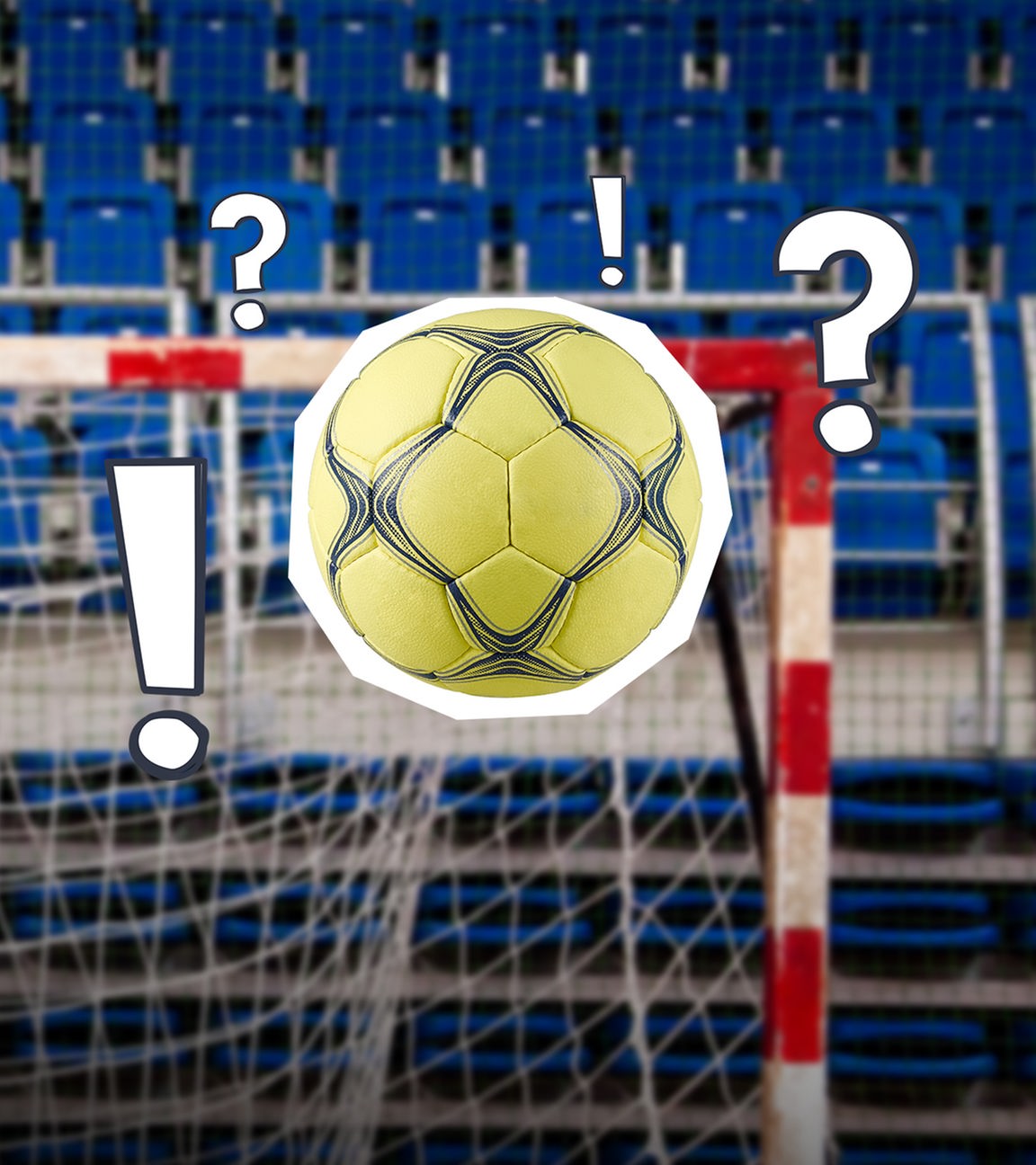 Ein Handball fliegt auf ein Tor zu - daneben stehen Fragezeichen und Ausrufezeichen
