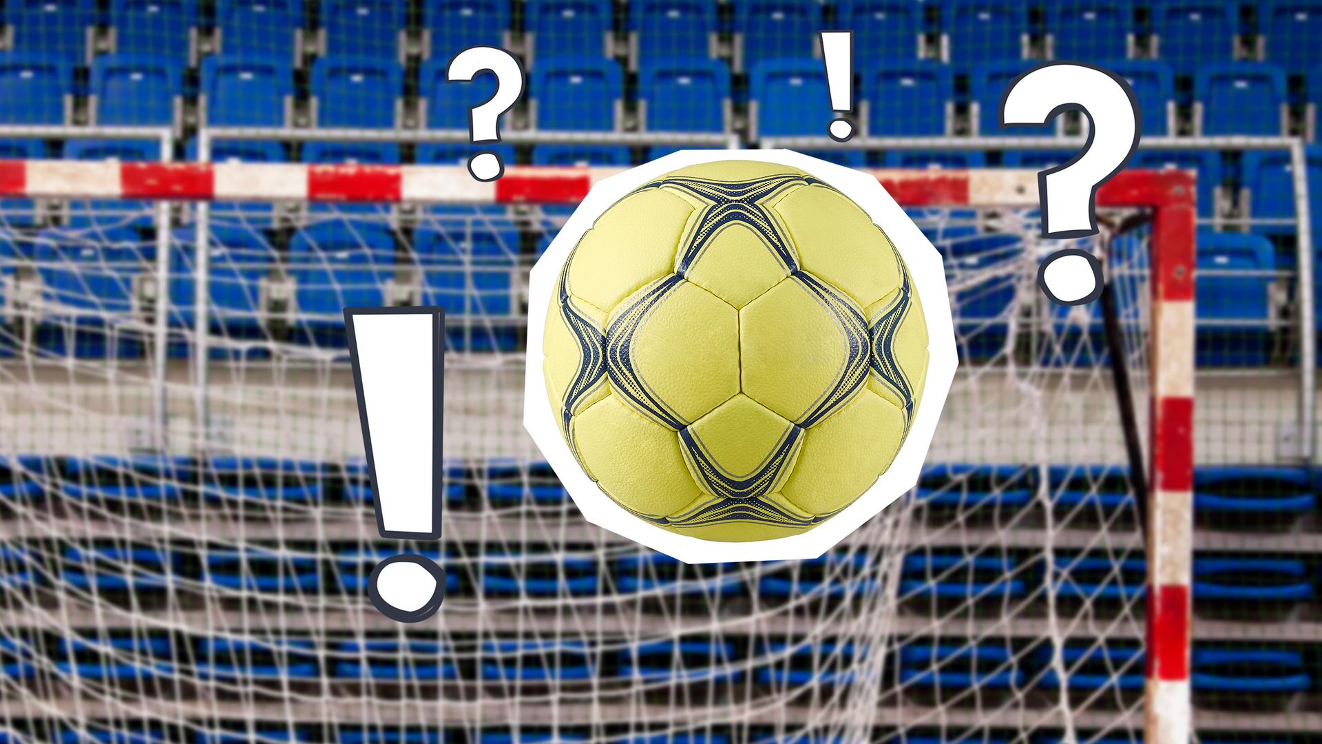 Ein Handball fliegt auf ein Tor zu - daneben stehen Fragezeichen und Ausrufezeichen