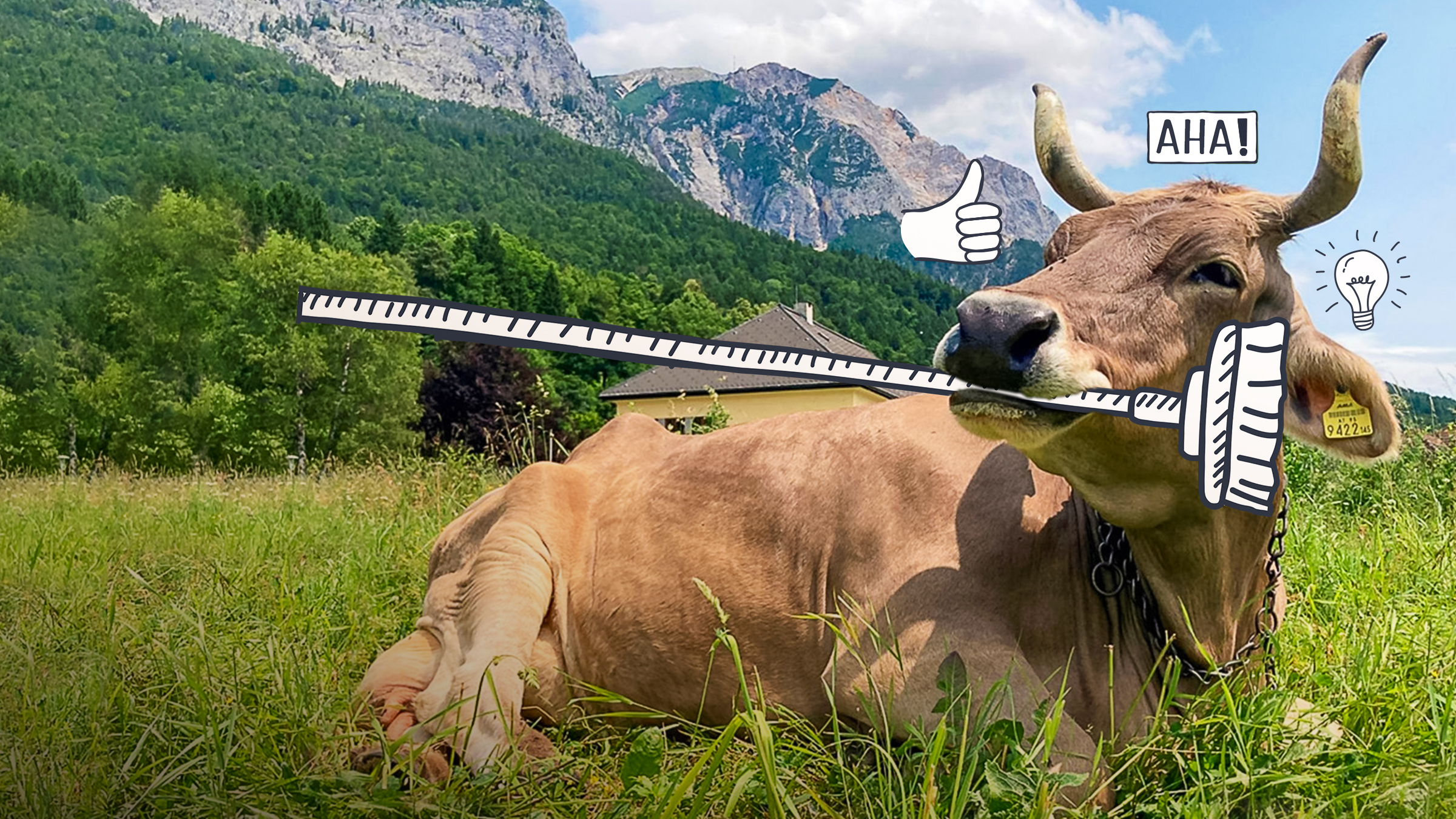 Kuh nutzt Besen als Werkzeug