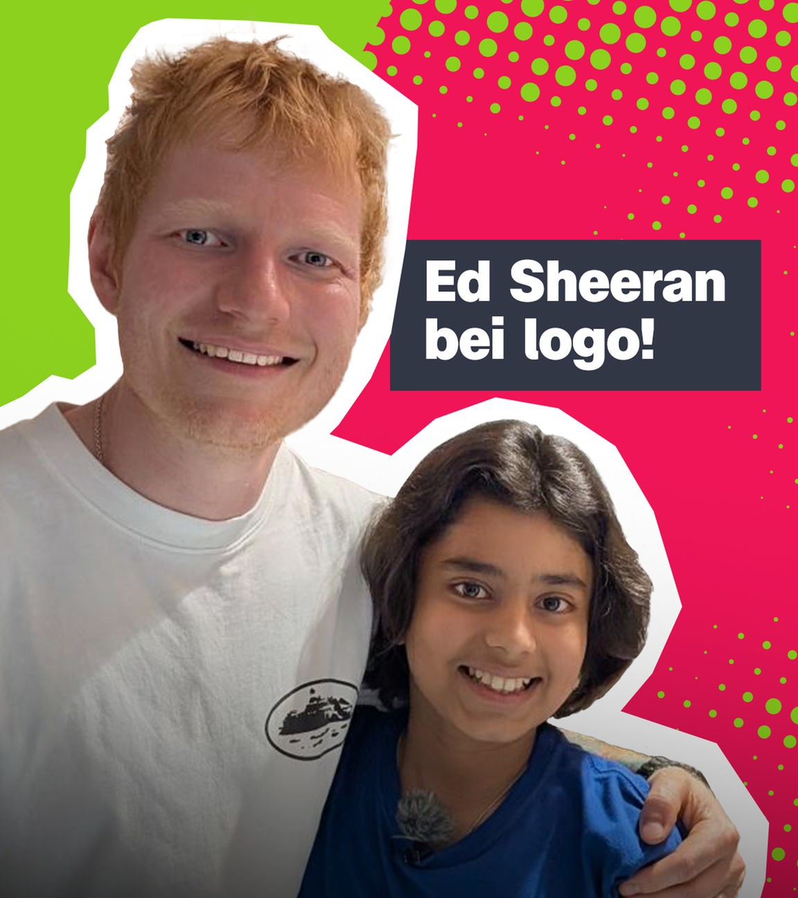 Sänger Ed Sheeran hält logo!-Kinderreporterin Vivaan im Arm, beide lächeln in die Kamera. Rechts der Text: "Ed Sheeran bei logo!"