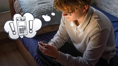 Ein Junge schaut aufs Handy, daneben ein Doodle von einer Gedankenblase, zwei Ausrufezeichen und einem Handy.