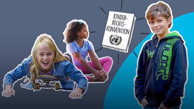 Eine Collage zeigt drei Kinder vor grauem, blauem Hintergrund, daneben eine Zeichnung von einem Buch auf dem das Wort Kinderrechtskonvention steht.