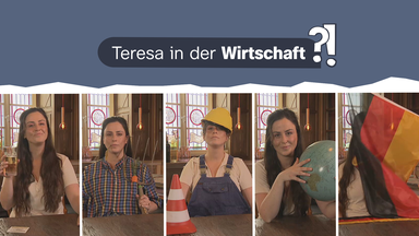 Teresa in verschiedenen Kostümen: Als Landwirt, als Bauarbeiter, mit einer Weltkugel und einer Deutschlandfahne.