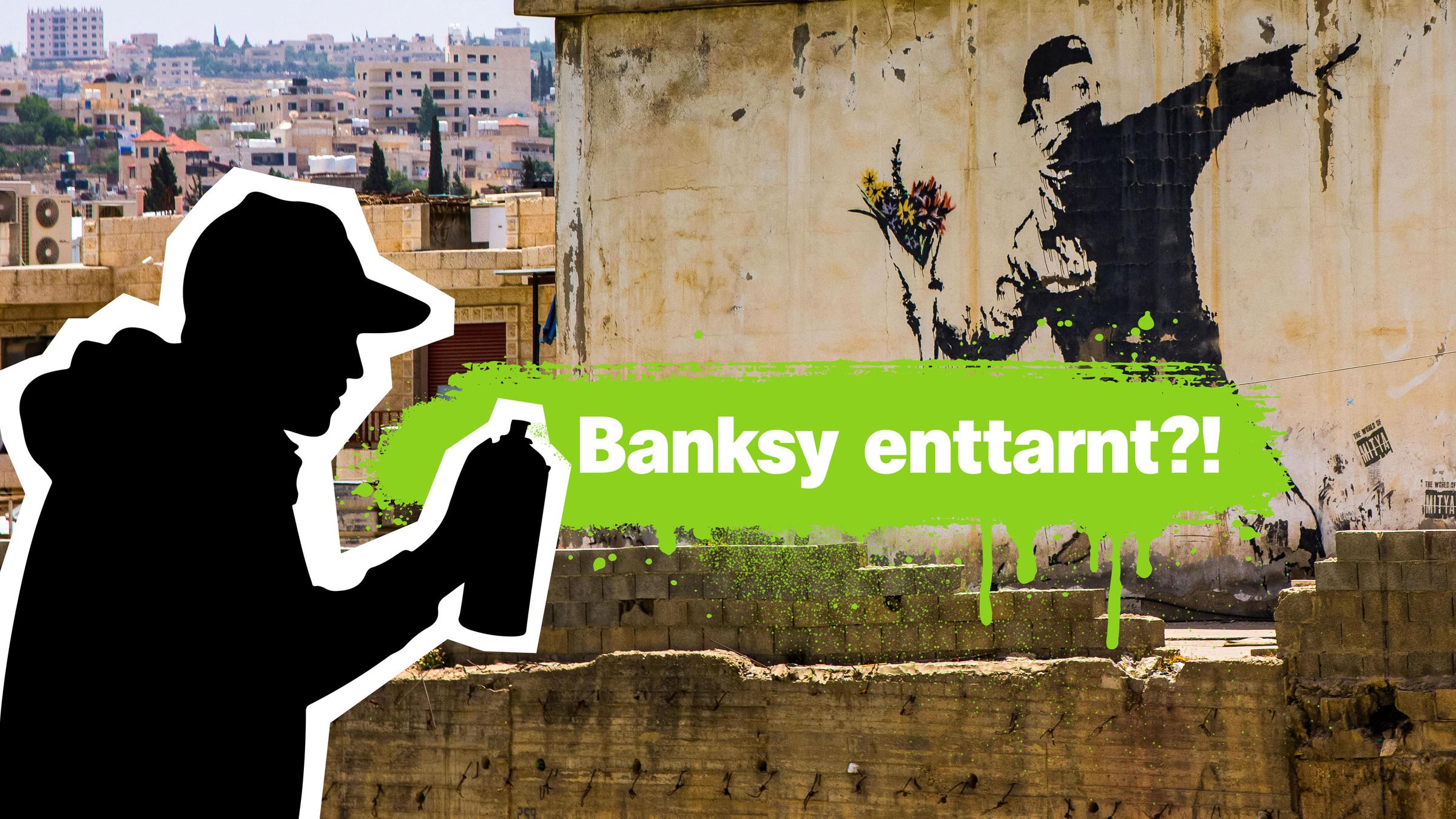 Grafik: Banksy Silhouette mit Sprachdose dahinter Kunstwerk Banksy und darauf Schrift "Bankys enttarnt?!"