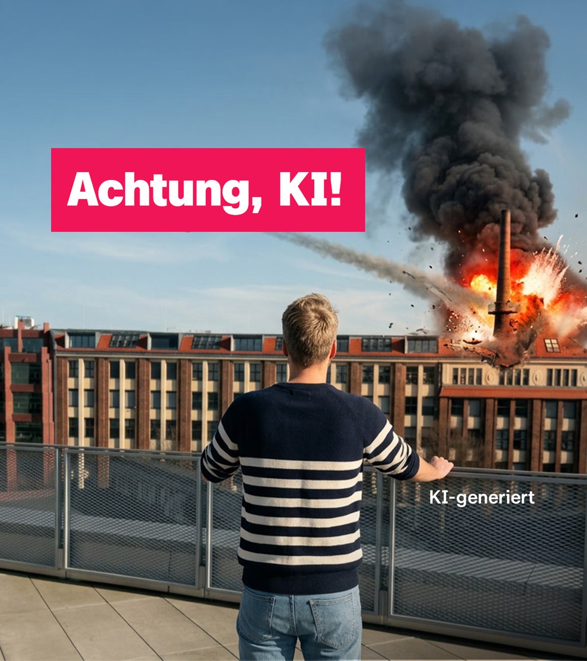 KI-generiertes Foto: logo!-Moderator Johannes schaut in Berlin auf Gebäude, in das Bomben einschlagen, darauf Schrift "Achtung, KI!"