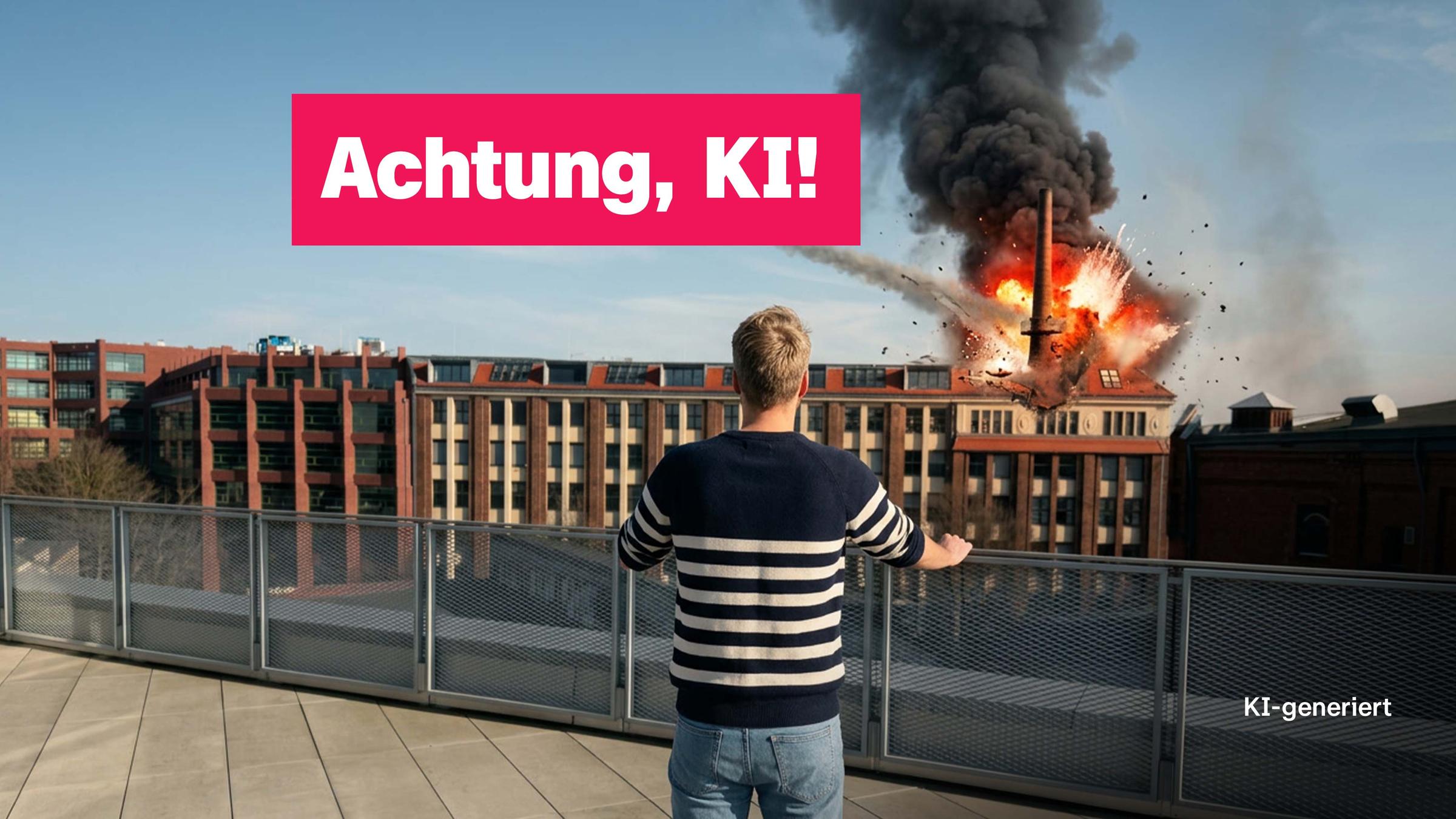 KI-generiertes Foto: logo!-Moderator Johannes schaut in Berlin auf Gebäude, in das Bomben einschlagen, darauf Schrift "Achtung, KI!"
