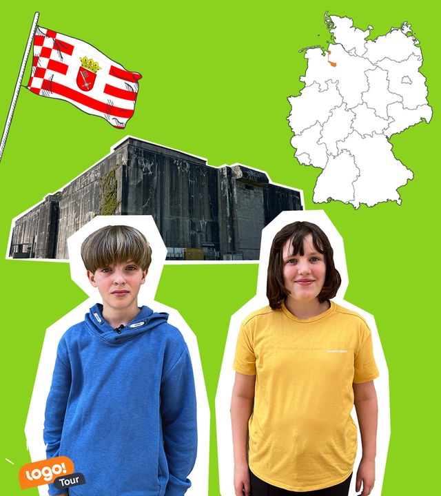 Ein Mädchen und ein Junge stehen neben einer Deutschlandkarte und der Flagge des Bundeslandes Bremen. Im Hintergrund ist ein Bunker zu sehen.